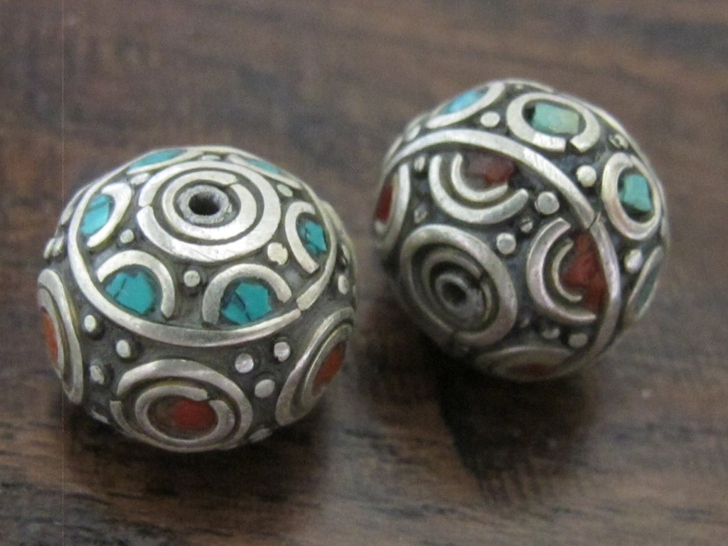 2 Beads - Beautiful Thick Round oval Tibetan silver inlaid bead with coral and turquoise - BD564