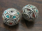 2 Beads - Beautiful Thick Round oval Tibetan silver inlaid bead with coral and turquoise - BD564