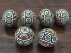 2 Beads - Beautiful Thick Round oval Tibetan silver inlaid bead with coral and turquoise - BD564