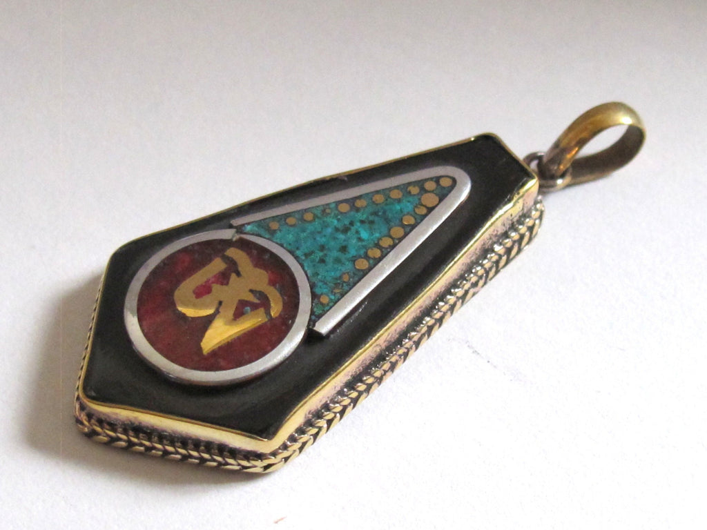 Tibetan arrow head shape Om brass pendant with turquoise coral inlay - PM219A