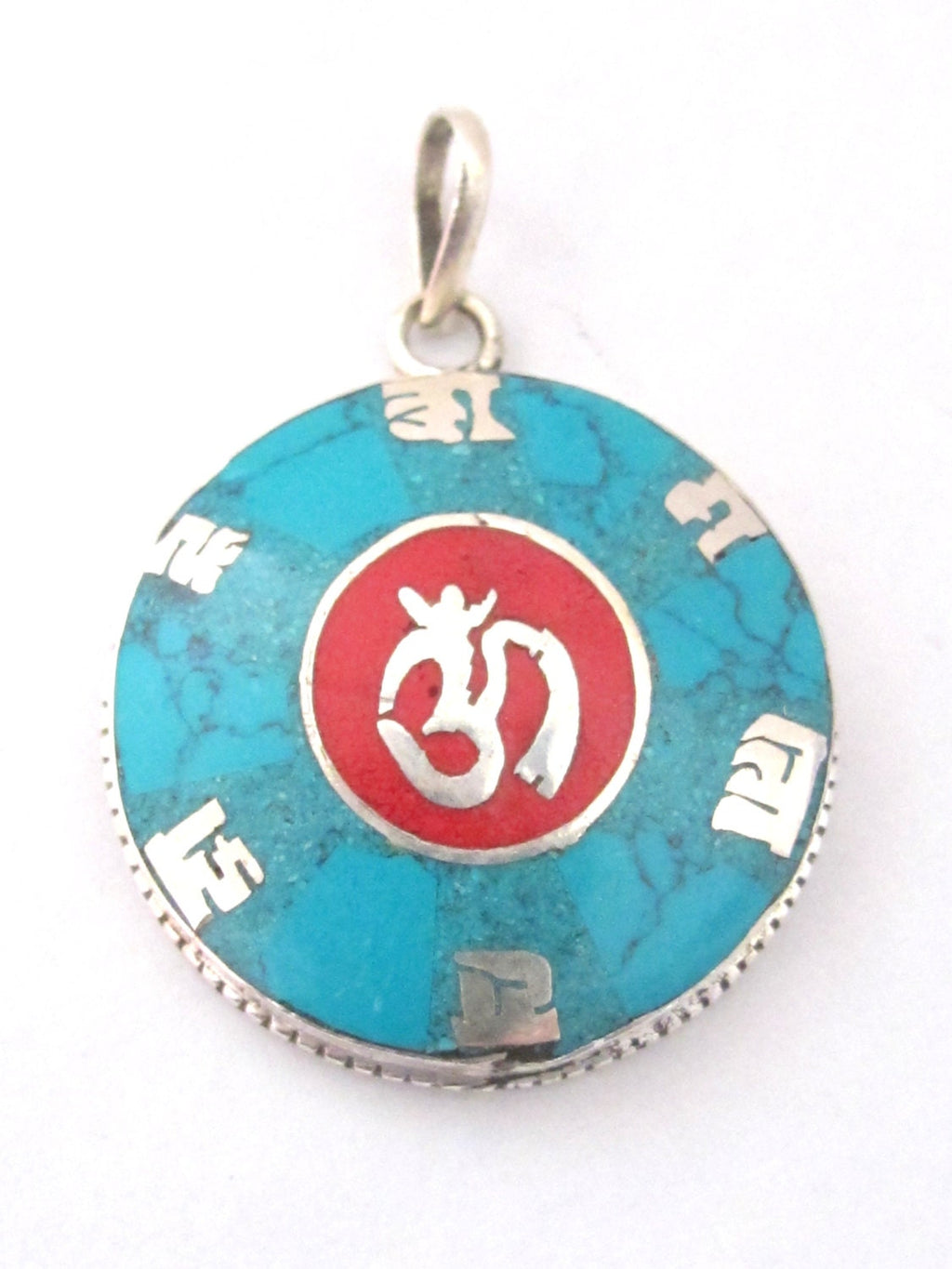 Tibetan silver om mantra pendant with turquoise coral inlay - PM220B