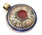 Beautiful dome shape Tibetan silver floral bail reversible design pendant with lapis coral inlay - PM221A