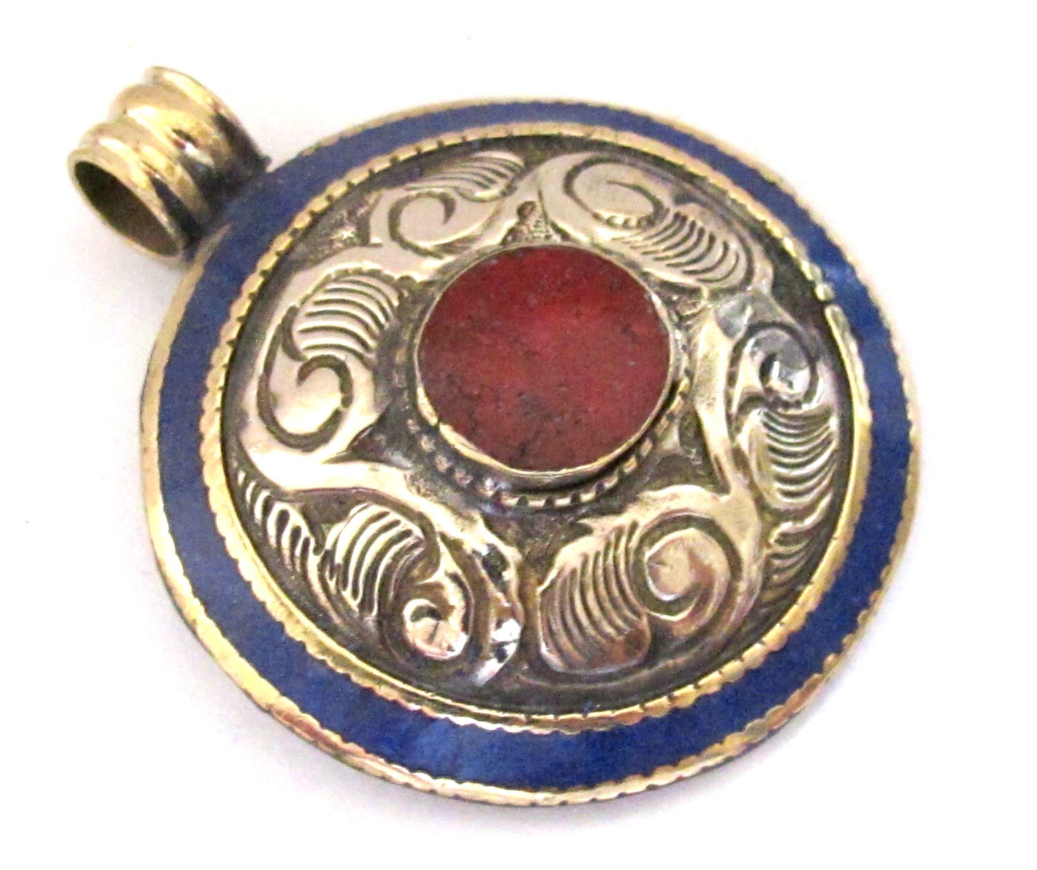 Beautiful dome shape Tibetan silver floral bail reversible design pendant with lapis coral inlay - PM221A