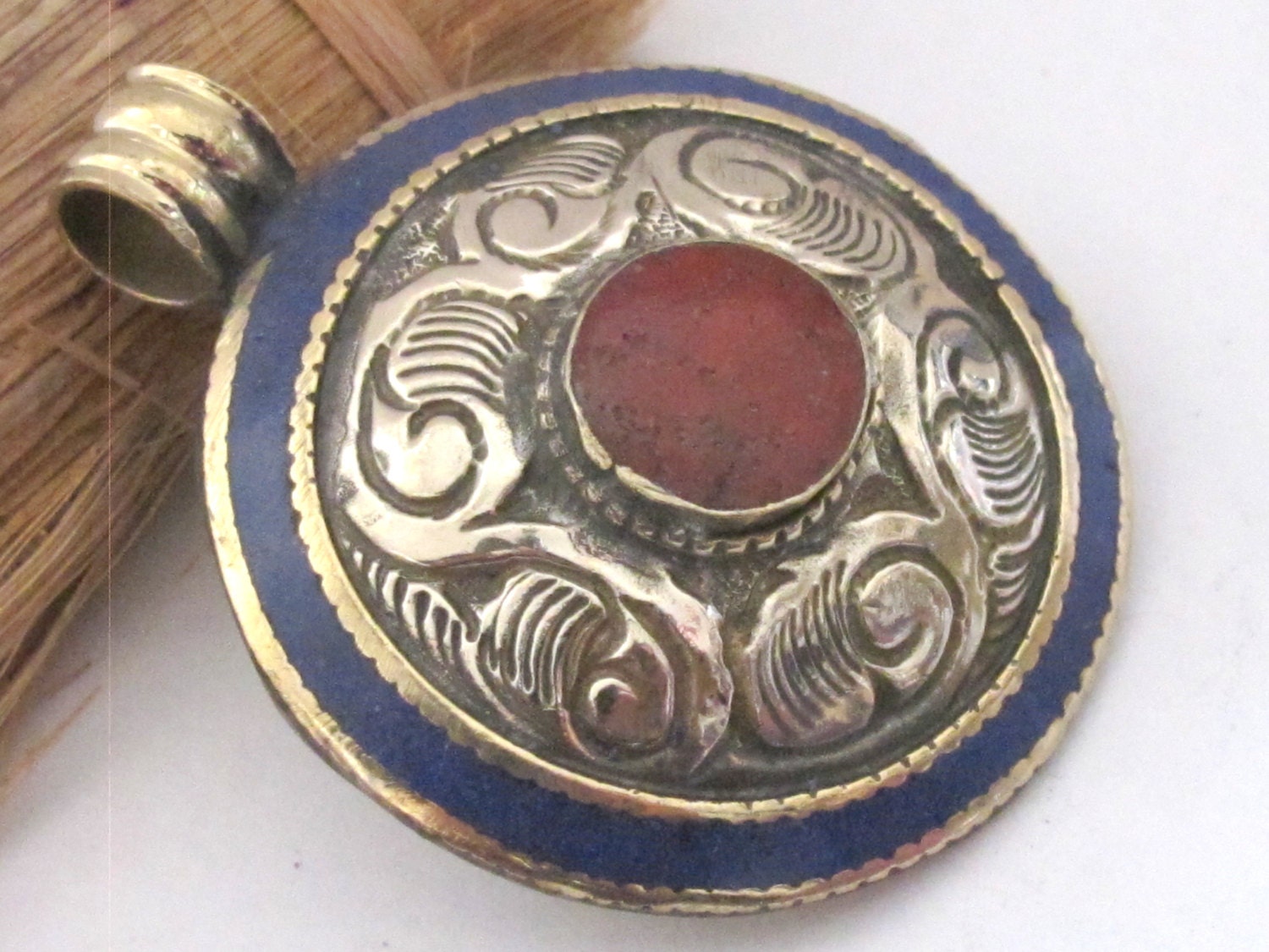 Beautiful dome shape Tibetan silver floral bail reversible design pendant with lapis coral inlay - PM221A