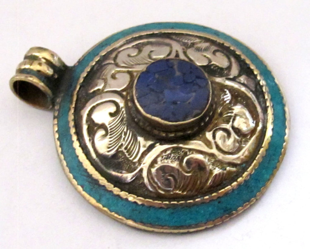 Ethnic Tibetan silver dome shape floral bail reversible design pendant with lapis turquoise inlay - PM221B