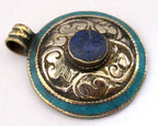 Ethnic Tibetan silver dome shape floral bail reversible design pendant with lapis turquoise inlay - PM221B