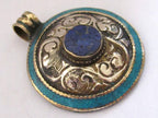 Ethnic Tibetan silver dome shape floral bail reversible design pendant with lapis turquoise inlay - PM221B