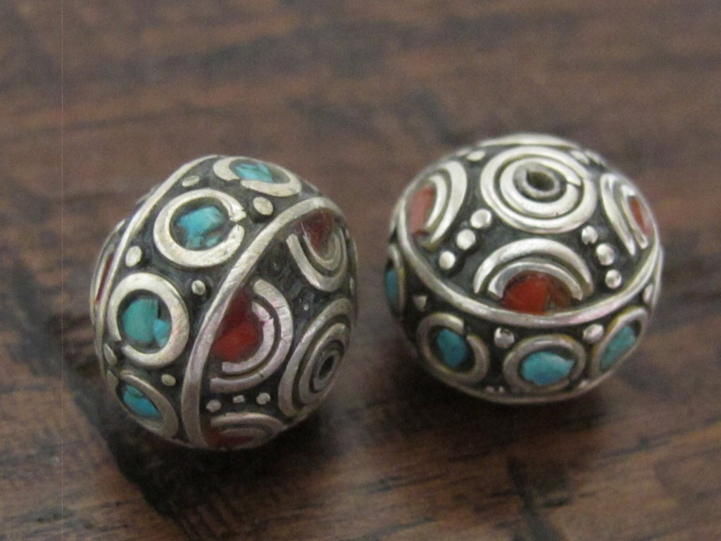 2 Beads - Beautiful Thick Round oval Tibetan silver inlaid bead with coral and turquoise - BD564