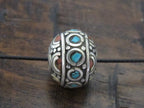 2 Beads - Beautiful Thick Round oval Tibetan silver inlaid bead with coral and turquoise - BD564