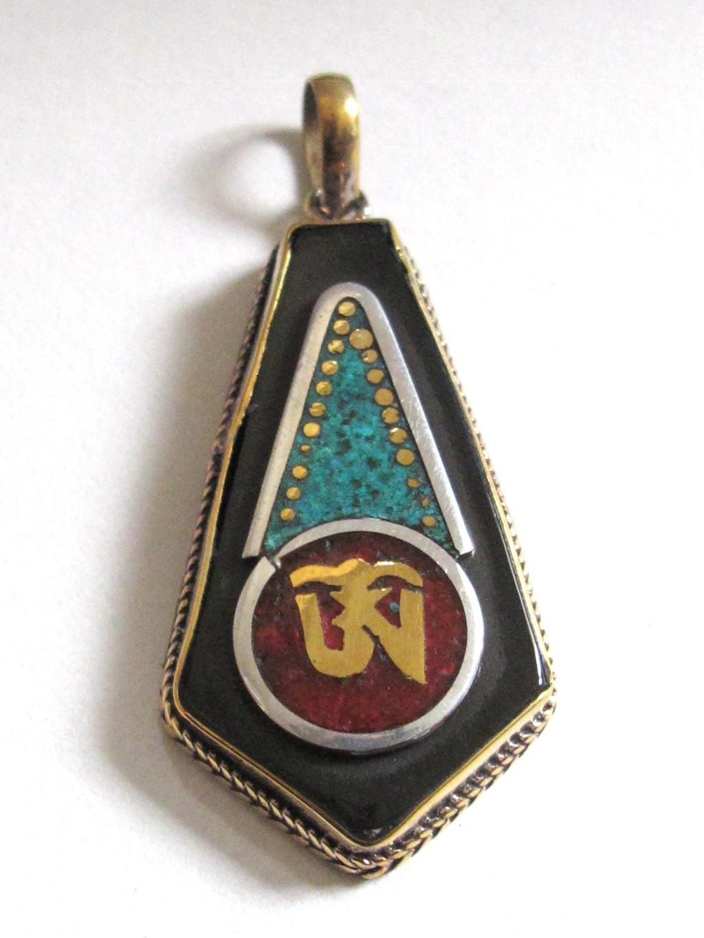 Tibetan arrow head shape Om brass pendant with turquoise coral inlay - PM219A