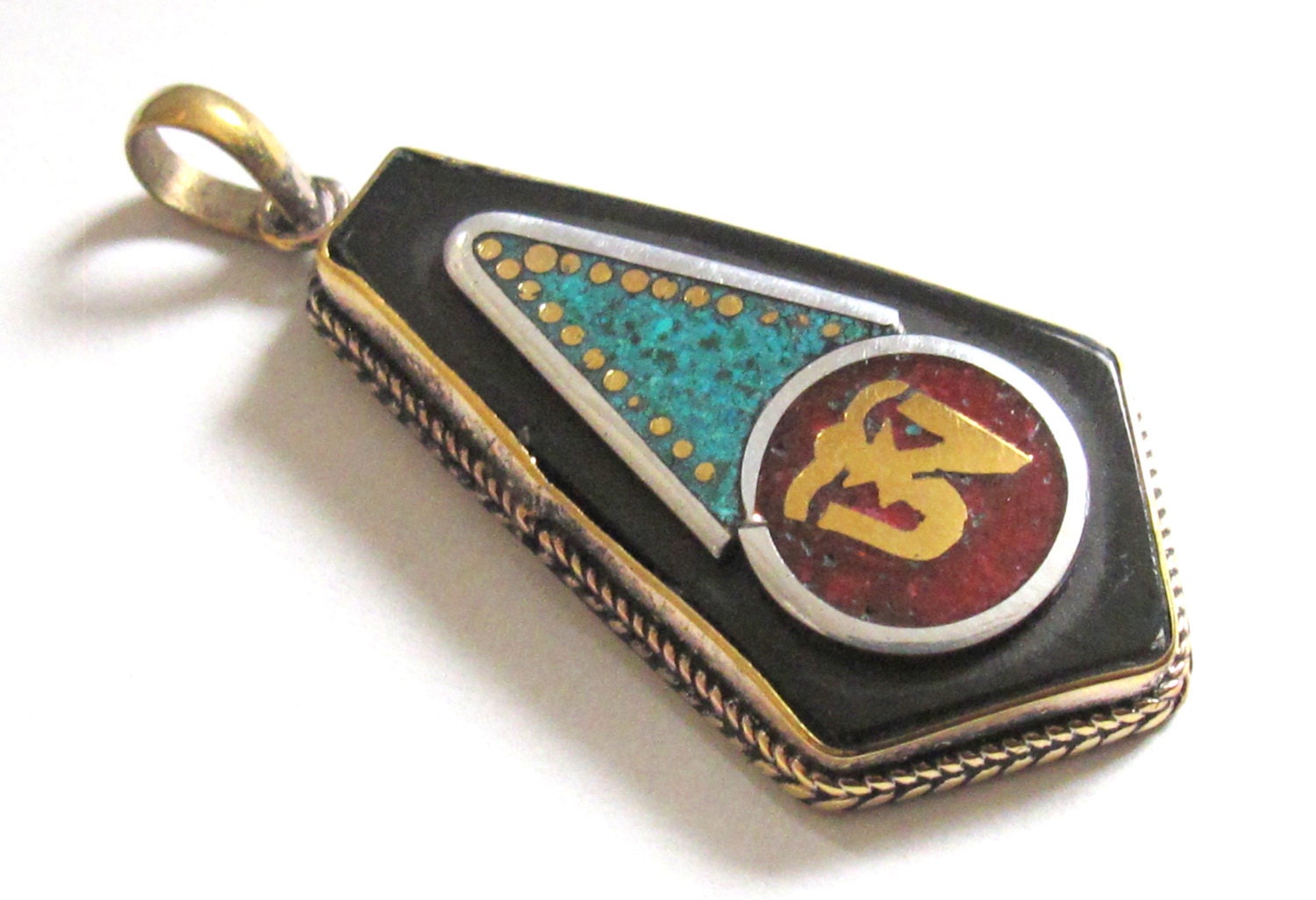 Tibetan arrow head shape Om brass pendant with turquoise coral inlay - PM219A
