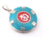 Tibetan silver om mantra pendant with turquoise coral inlay - PM220B