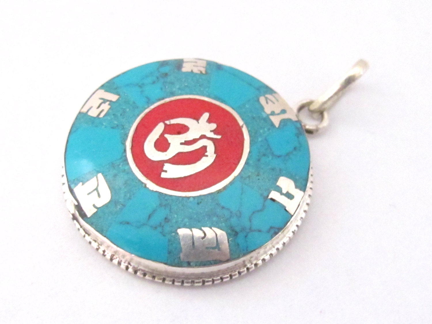 Tibetan silver om mantra pendant with turquoise coral inlay - PM220B