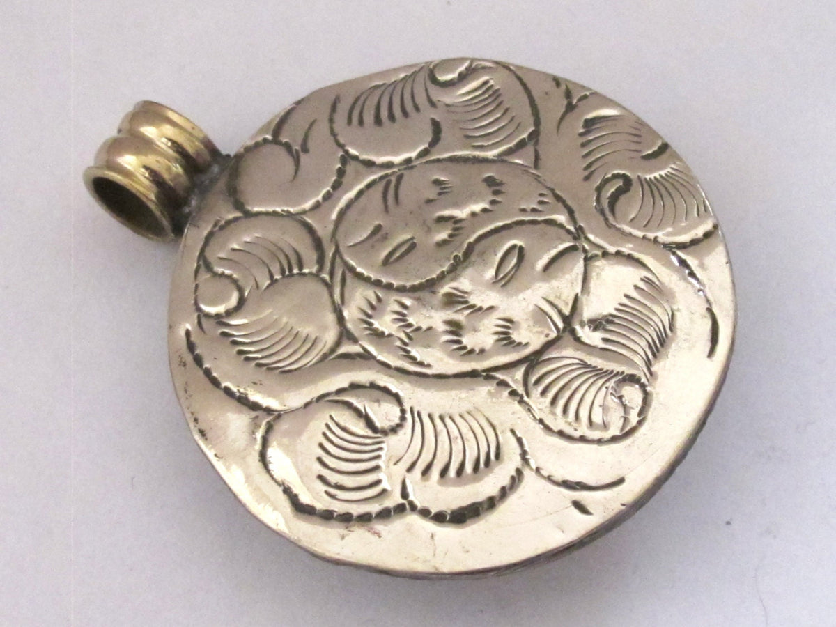 Beautiful dome shape Tibetan silver floral bail reversible design pendant with lapis coral inlay - PM221A