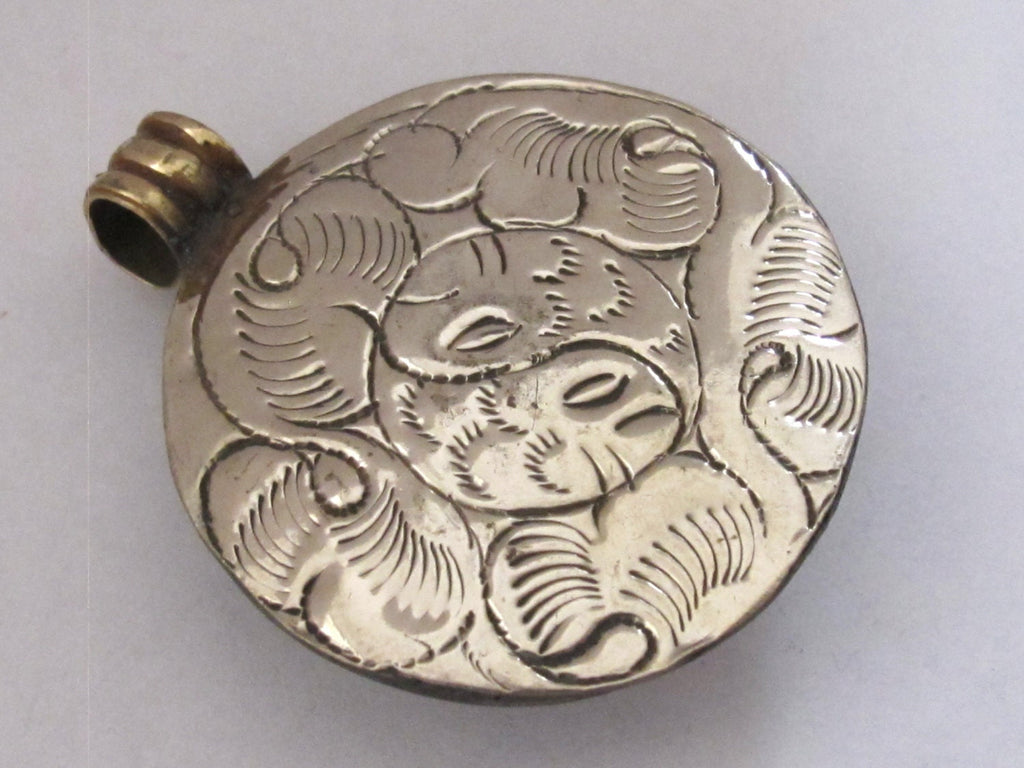Ethnic Tibetan silver dome shape floral bail reversible design pendant with lapis turquoise inlay - PM221B