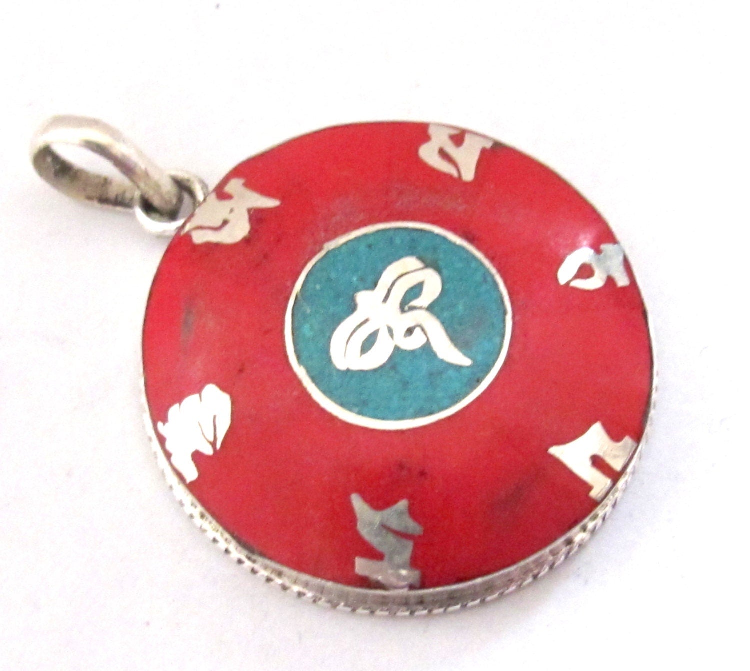 Tibetan silver om Buddha eye pendant with coral and turquoise inlay - PM220H