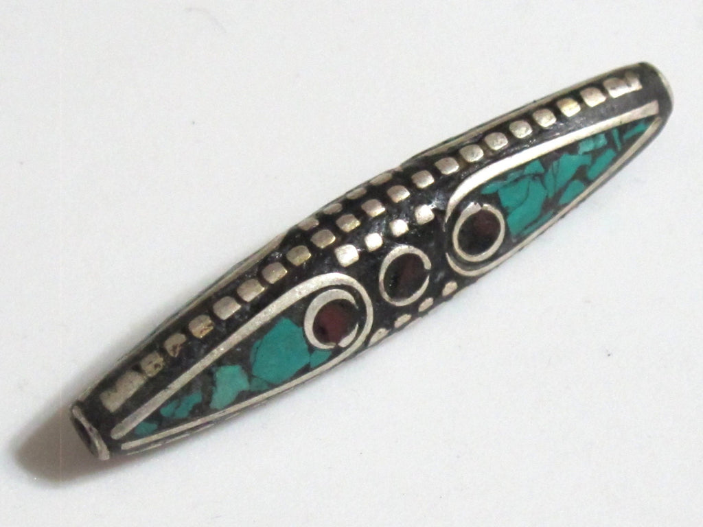 1 Bead - Long bicone brass bead from Nepal with turquoise coral inlay - BD566
