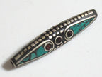 1 Bead - Long bicone brass bead from Nepal with turquoise coral inlay - BD566