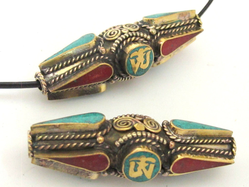 1 BEAD - Long Thick Tibetan Om spiral filigree brass pendant bead with turquoise coral inlay - BD570