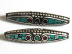1 Bead - Long bicone brass bead from Nepal with turquoise coral inlay - BD566
