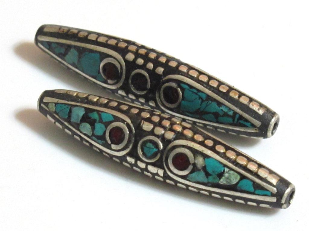 1 Bead - Long bicone brass bead from Nepal with turquoise coral inlay - BD566