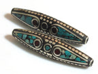 1 Bead - Long bicone brass bead from Nepal with turquoise coral inlay - BD566