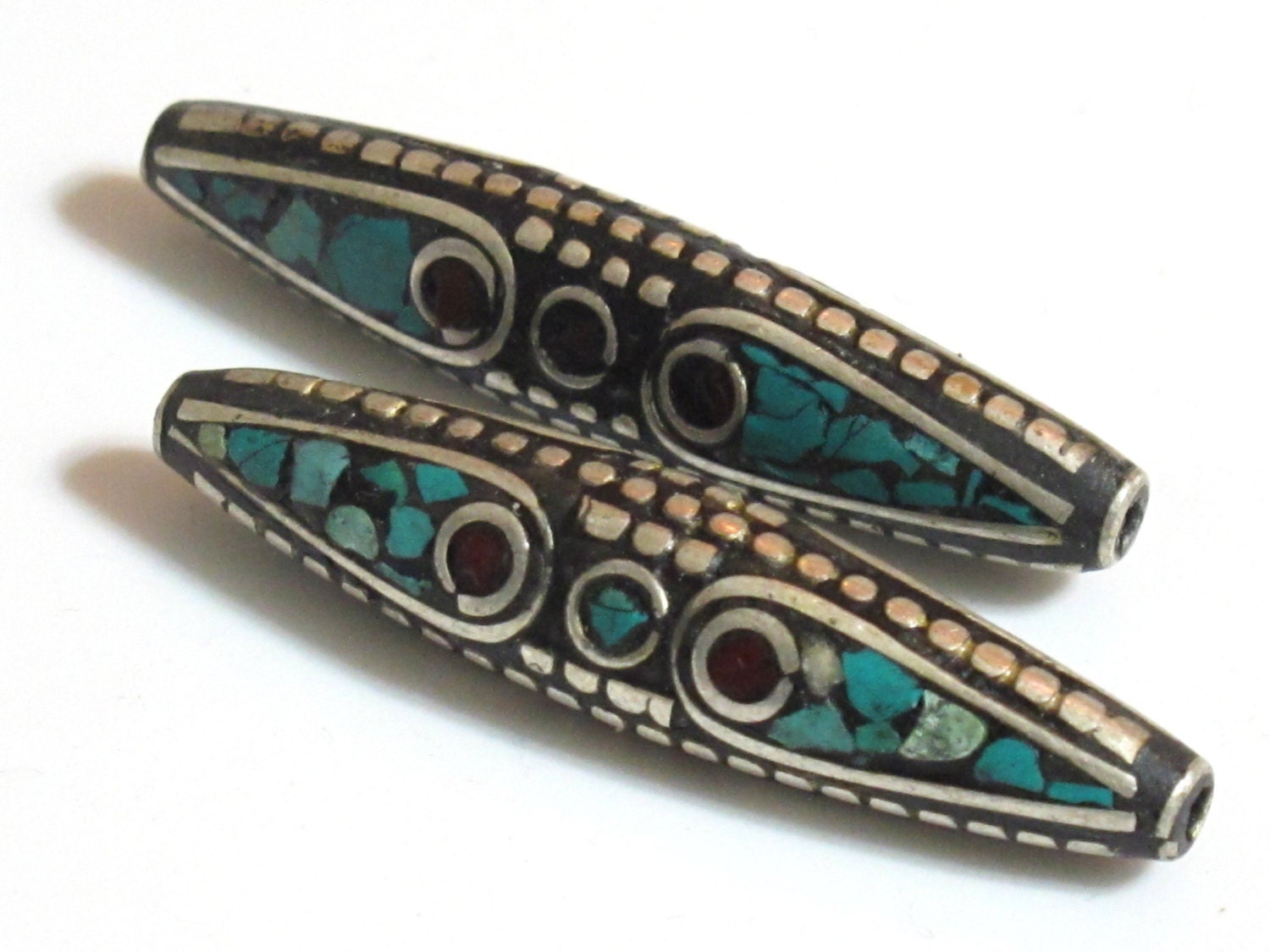 1 Bead - Long bicone brass bead from Nepal with turquoise coral inlay - BD566