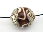 1 BEAD - Thick Tibetan silver capped batik dzi design bone bead - BD568