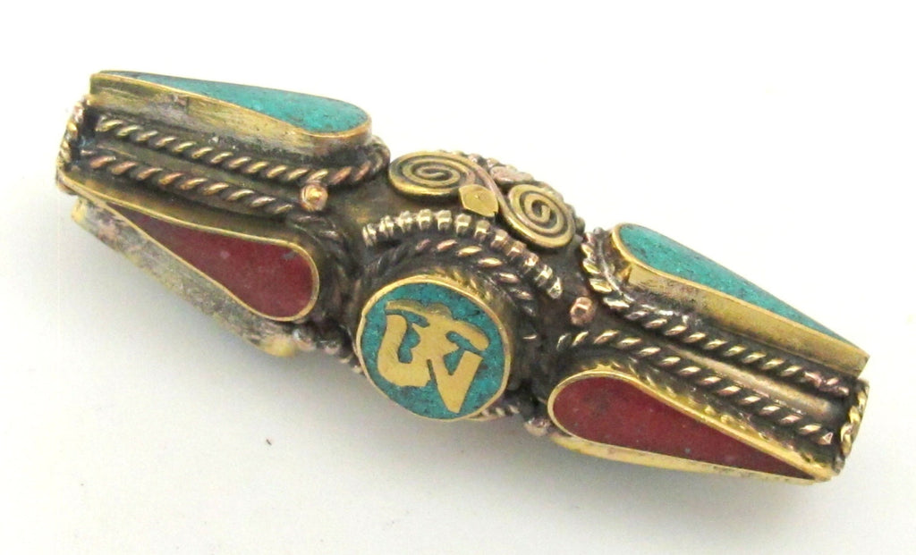 1 BEAD - Long Thick Tibetan Om spiral filigree brass pendant bead with turquoise coral inlay - BD570
