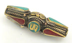 1 BEAD - Long Thick Tibetan Om spiral filigree brass pendant bead with turquoise coral inlay - BD570