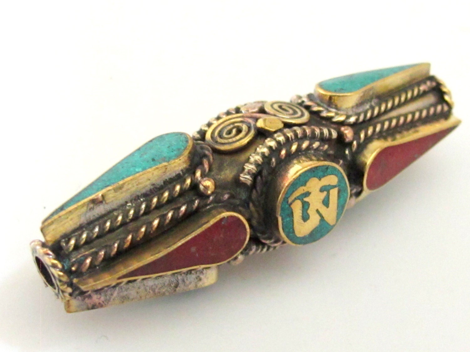 1 BEAD - Long Thick Tibetan Om spiral filigree brass pendant bead with turquoise coral inlay - BD570