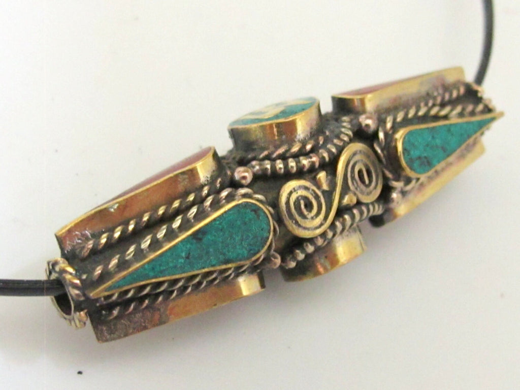 1 BEAD - Long Thick Tibetan Om spiral filigree brass pendant bead with turquoise coral inlay - BD570