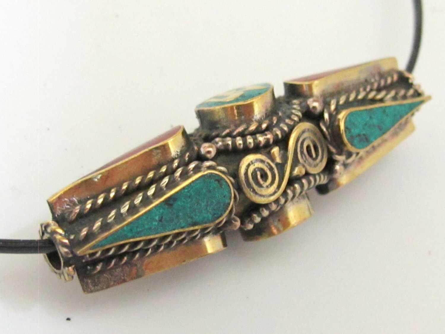 1 BEAD - Long Thick Tibetan Om spiral filigree brass pendant bead with turquoise coral inlay - BD570