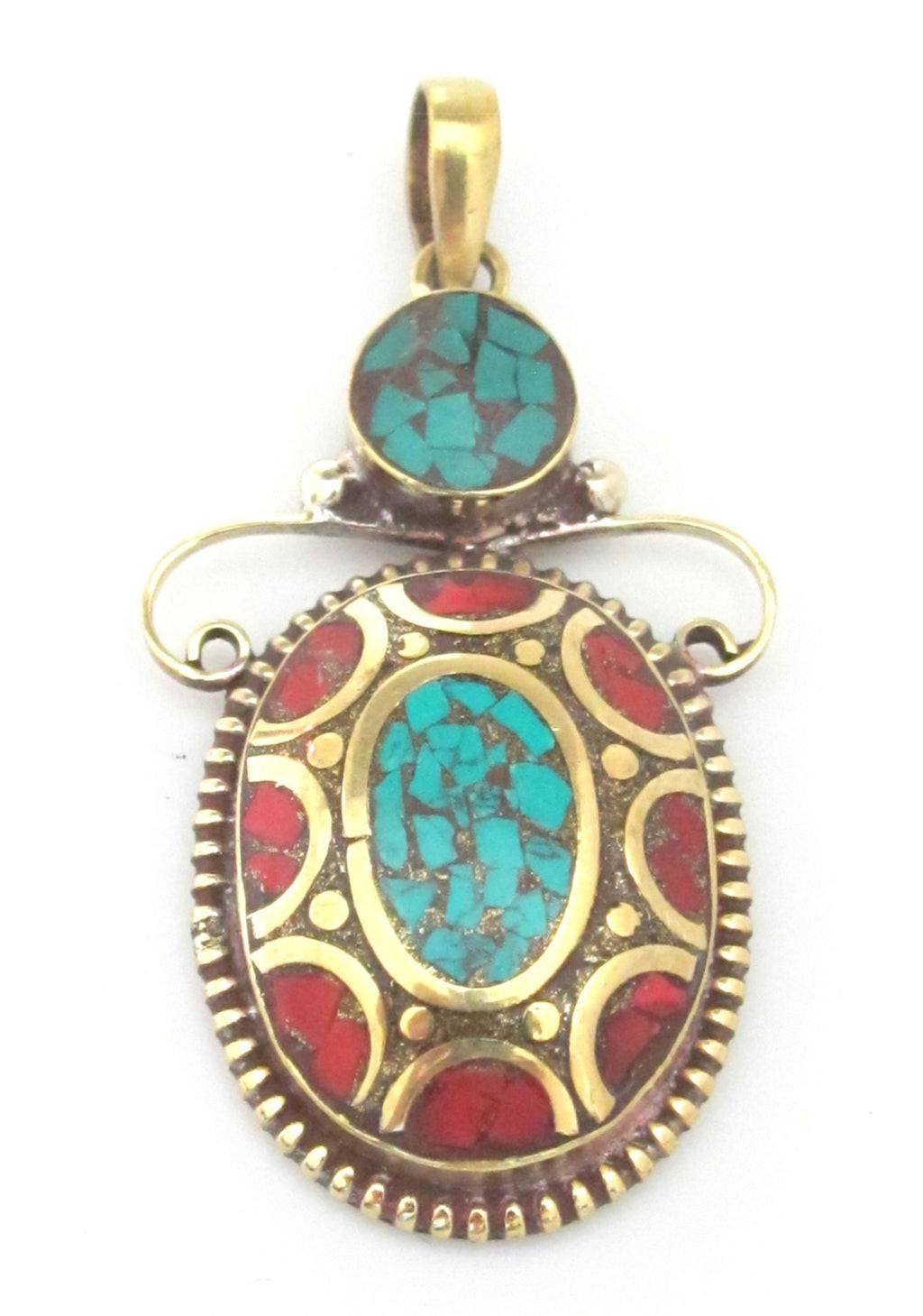 Beautiful Angel design Tibetan brass pendant with turquoise coral inlay - PM224