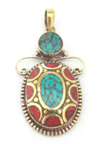 Beautiful Angel design Tibetan brass pendant with turquoise coral inlay - PM224