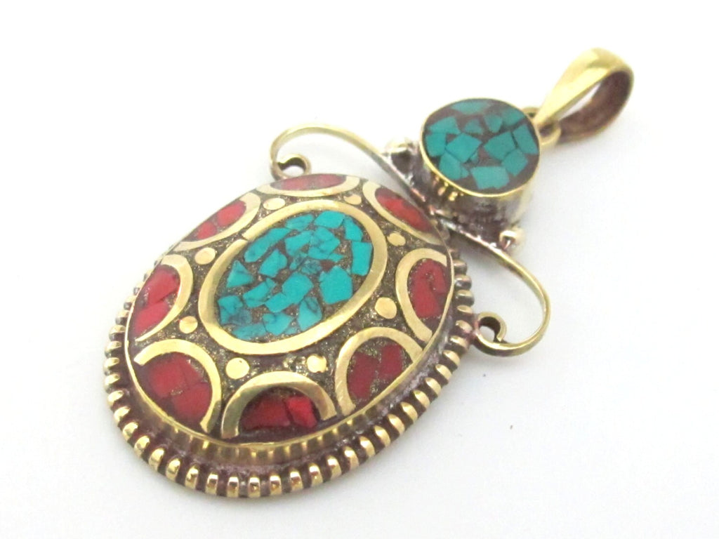 Beautiful Angel design Tibetan brass pendant with turquoise coral inlay - PM224