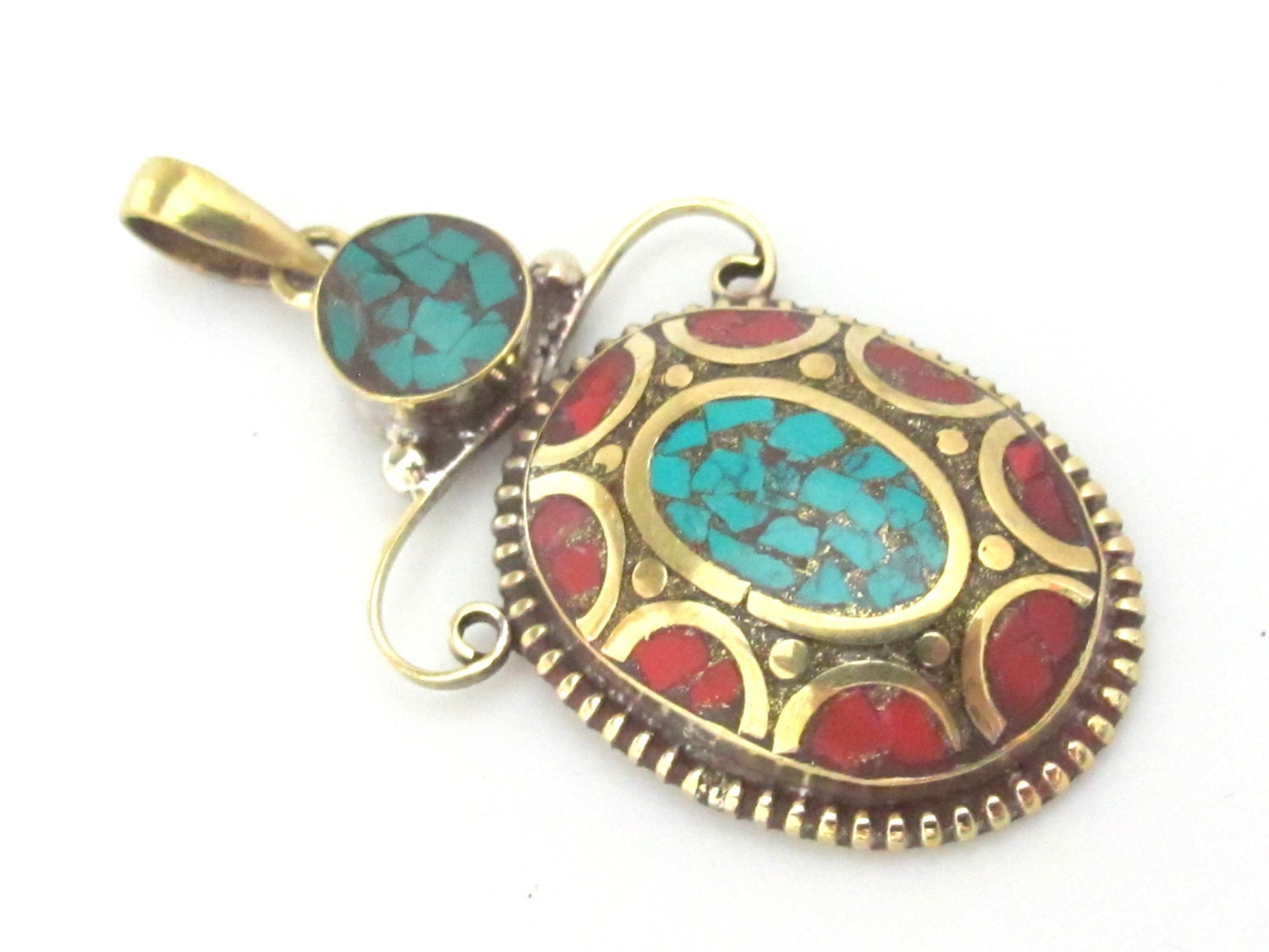 Beautiful Angel design Tibetan brass pendant with turquoise coral inlay - PM224