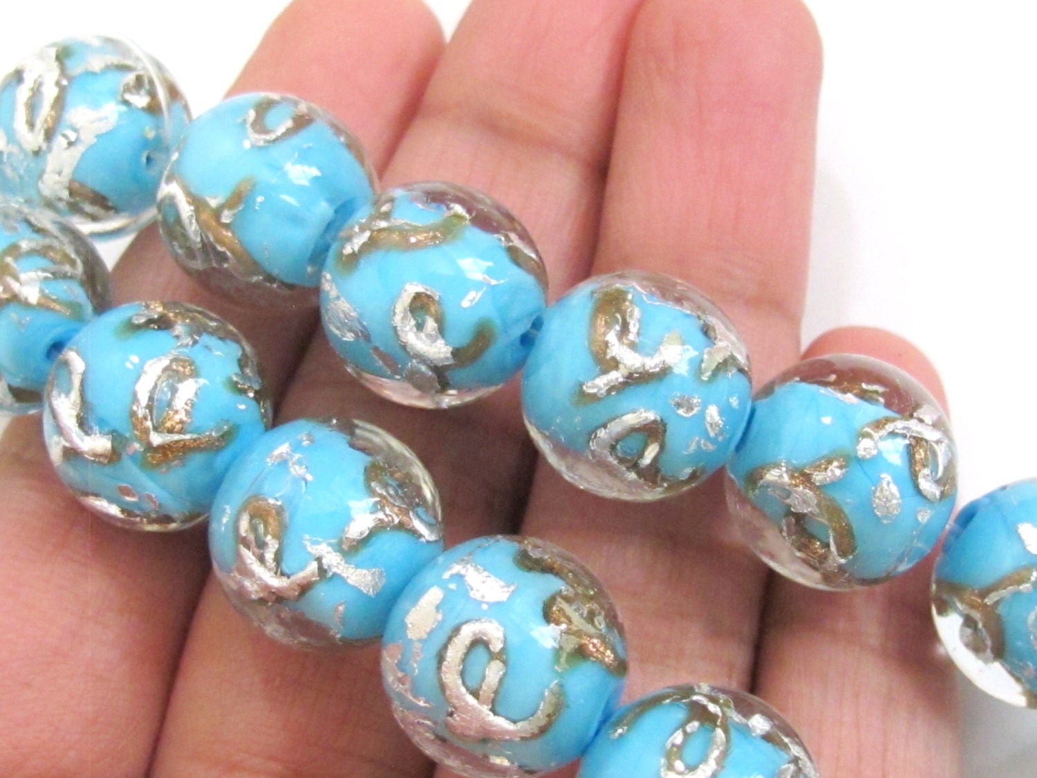 12 BEADS - Aqua Blue color silver foil gold sand lampwork glass beads - AB027