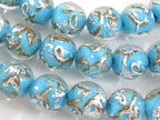 12 BEADS - Aqua Blue color silver foil gold sand lampwork glass beads - AB027