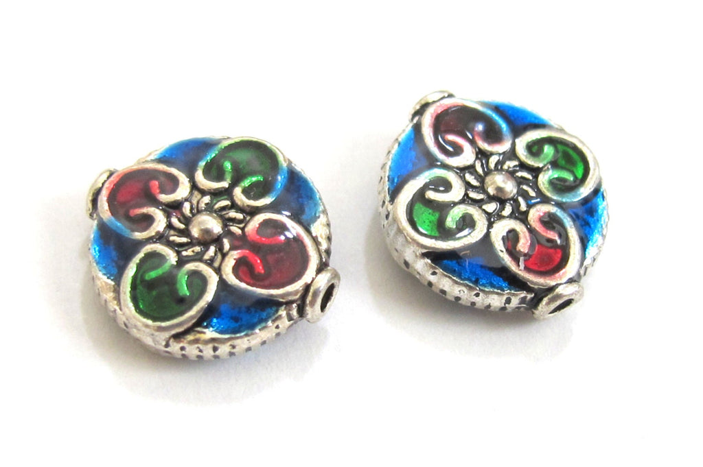 2 BEADS - Round flat disc silver color enamel inlaid floral heart with sun design beads - BD574