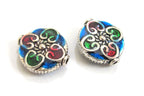 2 BEADS - Round flat disc silver color enamel inlaid floral heart with sun design beads - BD574
