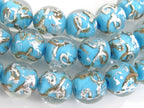 12 BEADS - Aqua Blue color silver foil gold sand lampwork glass beads - AB027