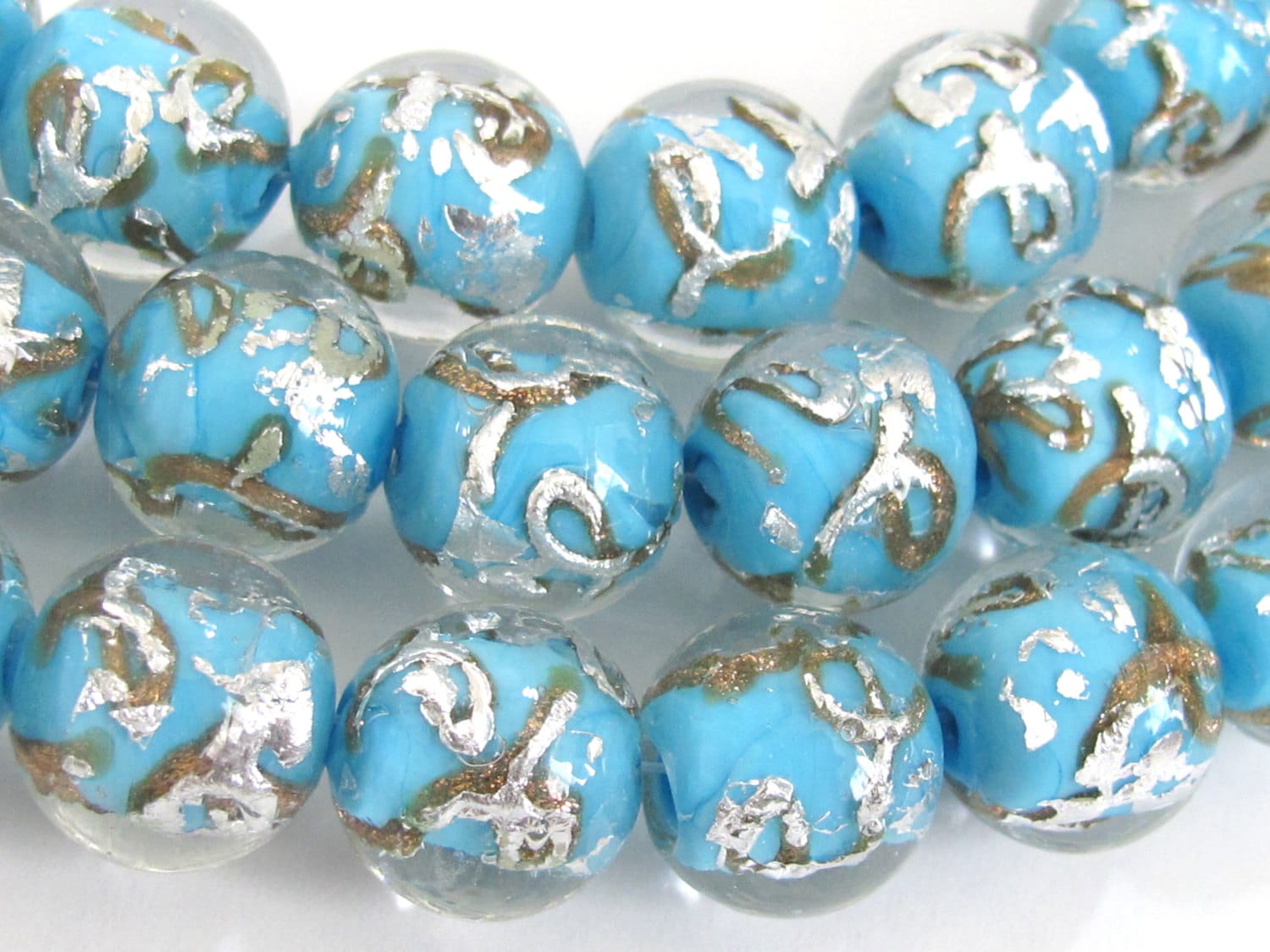 12 BEADS - Aqua Blue color silver foil gold sand lampwork glass beads - AB027