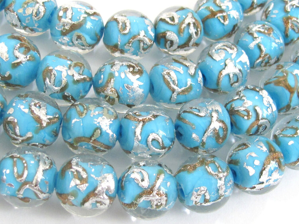 12 BEADS - Aqua Blue color silver foil gold sand lampwork glass beads - AB027