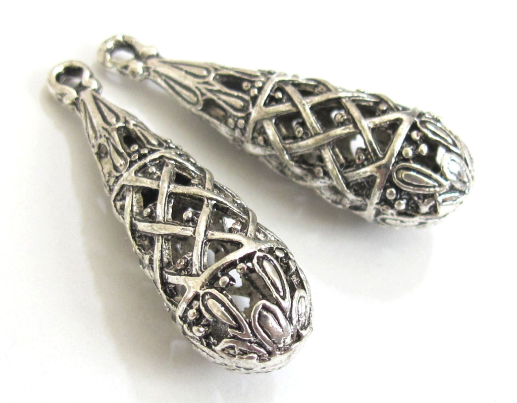 2 Pieces - Antiqued silver color plated teardrop shape metal charm beads - BD573