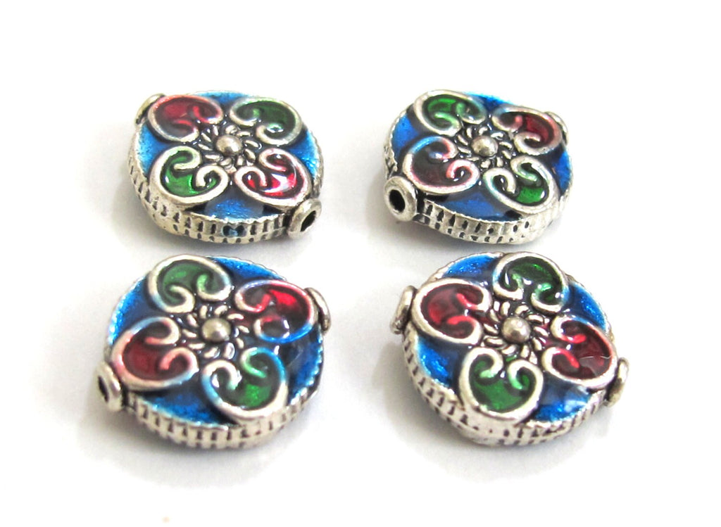 2 BEADS - Round flat disc silver color enamel inlaid floral heart with sun design beads - BD574