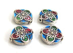 2 BEADS - Round flat disc silver color enamel inlaid floral heart with sun design beads - BD574