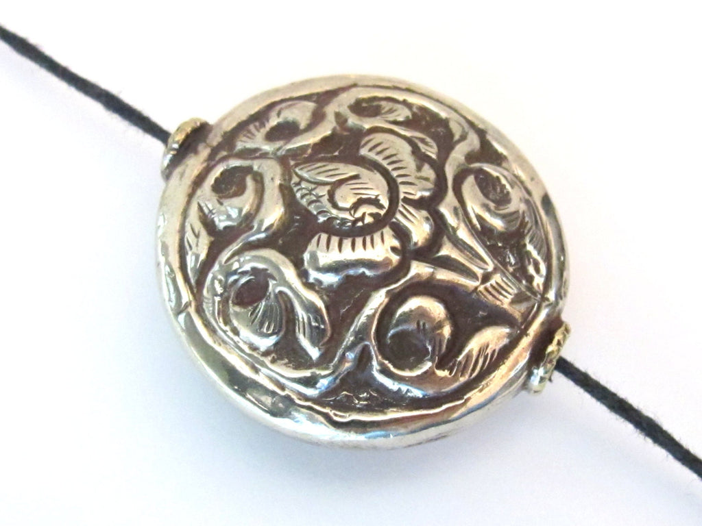 1 BEAD - Large round shape Tibetan silver repousse Lotus floral design reversible focal pendant bead - BD577
