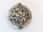 1 BEAD - Large round shape Tibetan silver repousse Lotus floral design reversible focal pendant bead - BD577
