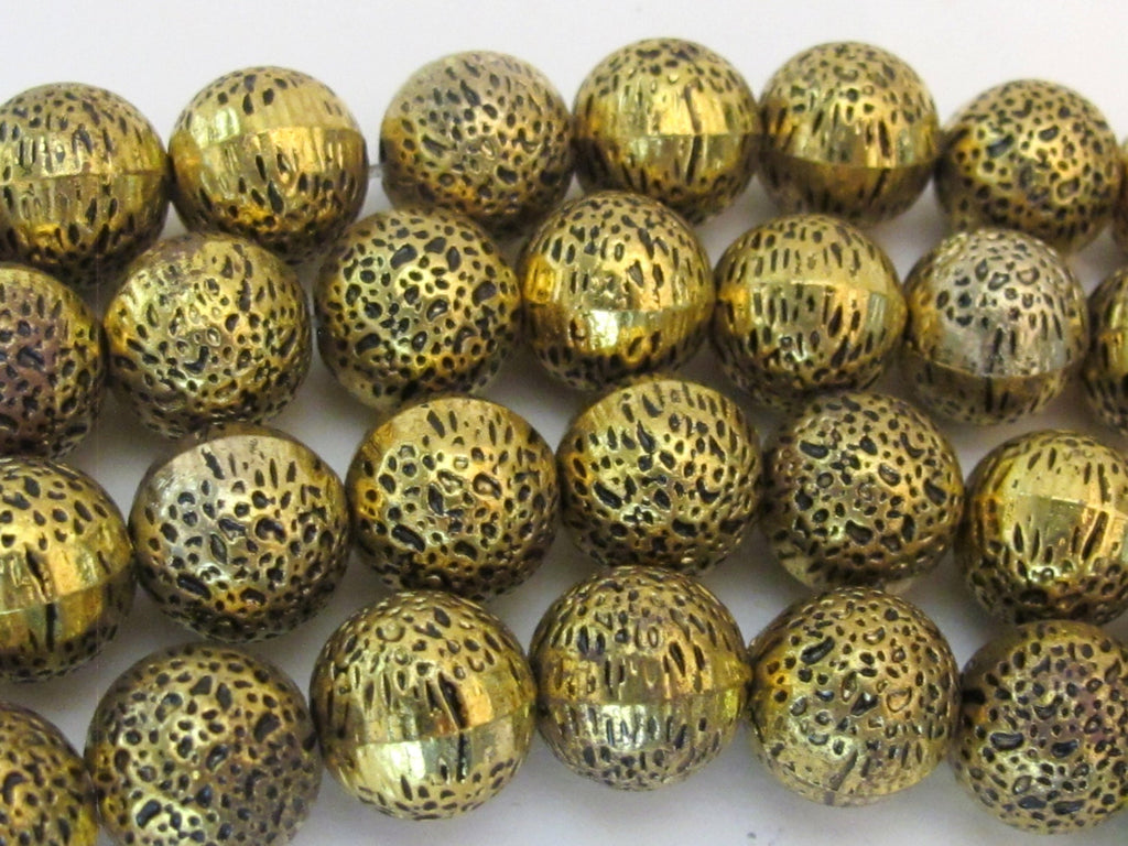 10 BEADS - Antiqued Gold finish hammered look thick round solid metal beads 12mm - BD579